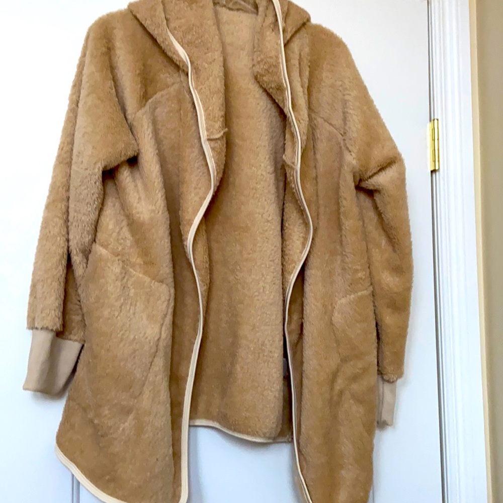 Beige hooded open cardigan in size M